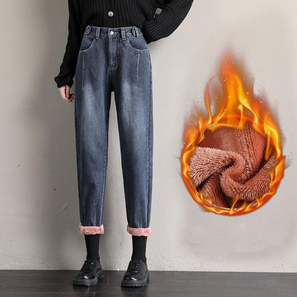

women's jeans limiguyue winter thick warm velvet women plus size denim pants high waist jean boyfriend loose casual harem trousers k344, Blue
