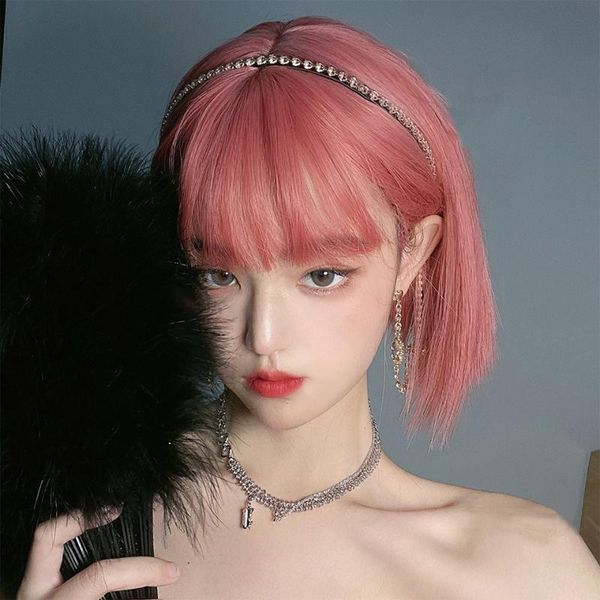 

synthetic wigs meifan cosplay lolita green yellow wig high temperature female short straight hair pink bobo head fluffy, Black