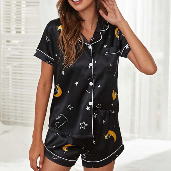 

july's song woman pajamas set 2 pieces stain silk women sleepwear summer stripe pyjamas short sleeve suit homewear loung wear 210622, Black;red