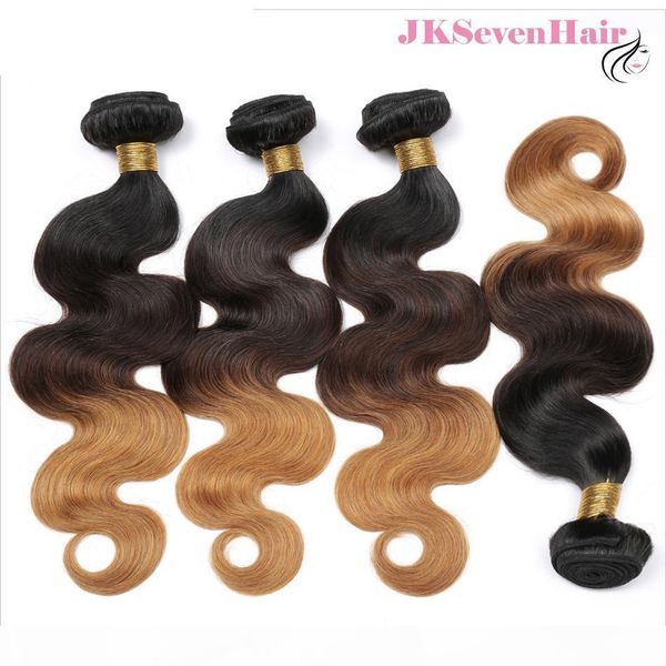 

ombre 1b 4 27 peruvian human hair extensions 4pcs w closure virgin brazilian malaysian indian body wave three tone brown blonde hair wefts, Black