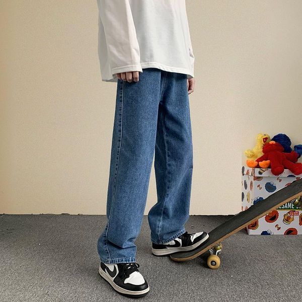 

men's jeans autumn for men korean elastic waist fashion water wash loose straight solid color casual streetwear male denim pants, Blue