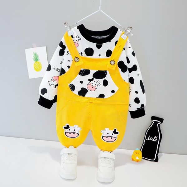 

spring toddler boys outfits infant kids printed hoodies+cartoon overalls two piece newborn set brand casual pullover baby suit, White