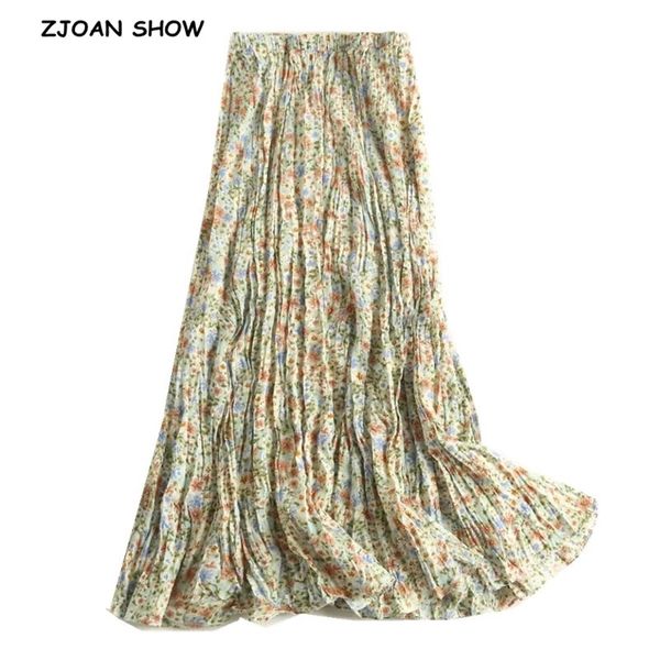 

new boho green floral print rayon wrinkle long skirt holiday women elastic high waist ruched pleated swing skirts beach 210309, Black