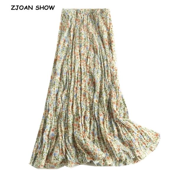 Novo Boho Verde Floral Impressão Rayon Rayon Long Saia Feriado Mulheres Elástico Cintura Alta Ruched Balanço Praia 210309