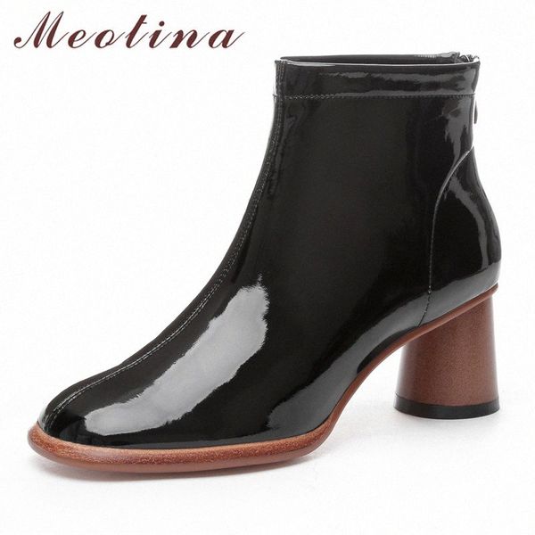 

meotina winter ankle boots women natural genuine leather round high heel short boots cow patent leather zipper shoes lady autumn q8wm#, Black