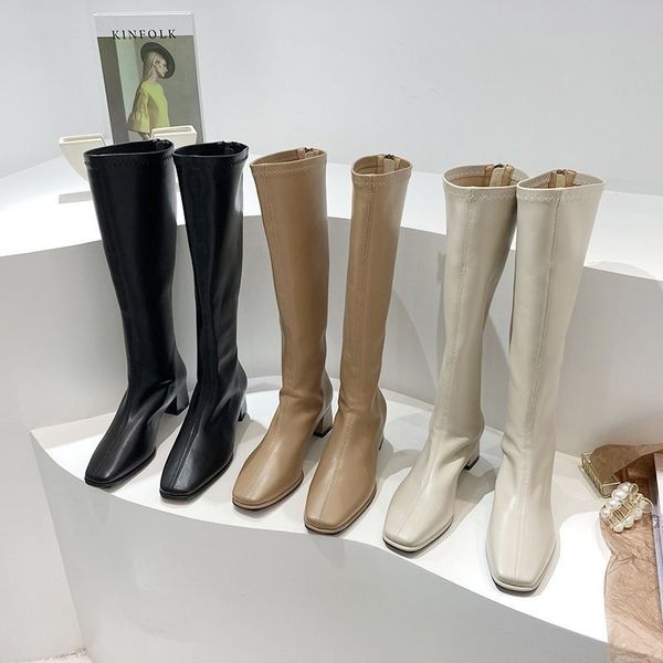 

below knee 2021 autumn and winter british style long women's small thin leather boots knight high tube sho, Black