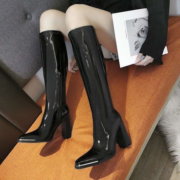 

net red thick heels women's autumn winter 2020 new thin high tube knight patent leather square boots, White;red