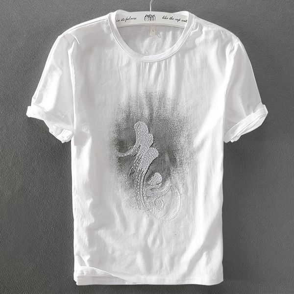 

2021 new simple trend casual linen t-shirt men summer stitching embroidery printed t shirt mens round neck white tshirt camisa xt2k