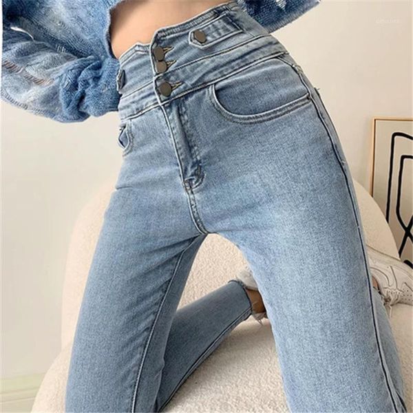 

fashion high waist denim pencil pants women's 2021 spring skinny rough edges ankle length jeans 1wtp, Blue
