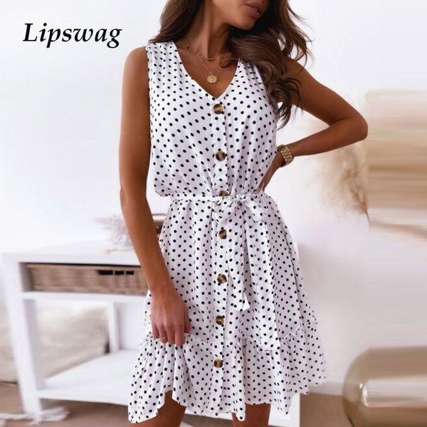 

fashion tie-up belted ruffle beach dress 2021 elegant v neck button women party dress summer vintage polka dot print mini dresshigh quality, Black;gray