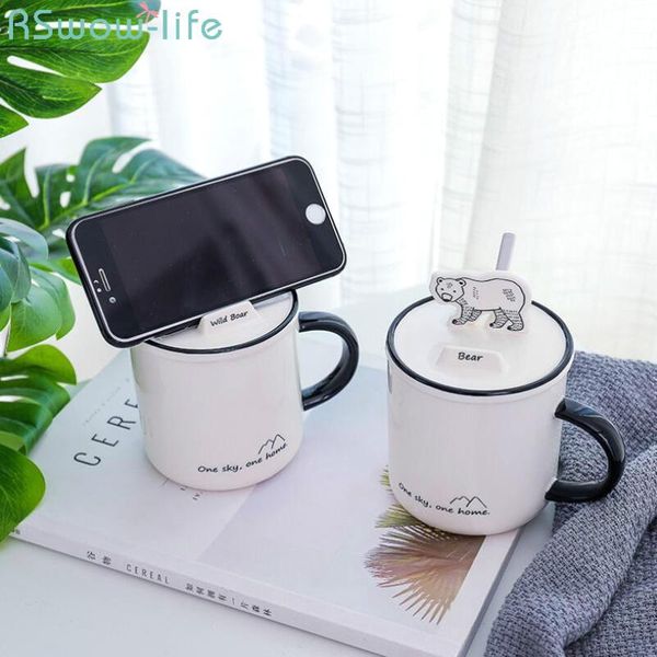 

mugs cute cartoon forest animal mug cup with lid and spoon office coffee mark ceramic kitchen bar drinkware