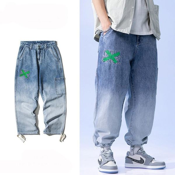 

men's jeans moruancle fashion hip hop harem with embroidery loose fit denim trousers 2021 spring arrival, Blue