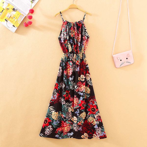 

holiday women's chiffon print long open back sling tour seaside beach shopping dress, Gray