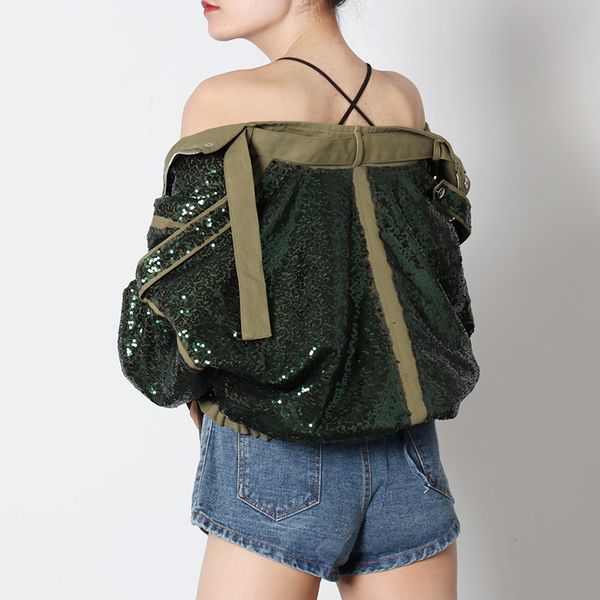

armygreen jackets for women turtleneck long sleeve patchwork sequined casual lace up coats female 2021 autumn tide, Black;brown