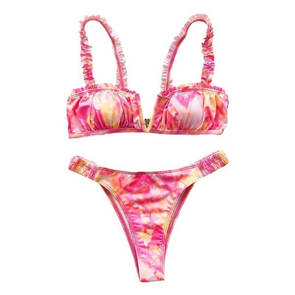 

women bikini set split v-neck ruffles swimsuit gradient ruched bathing suit xxuf