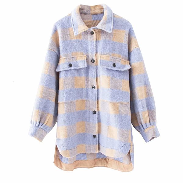 

2021 winter jacket new spring women streetwear plaid single breasted loose cotton coat long sleeve purple warm outwear etnm, Black