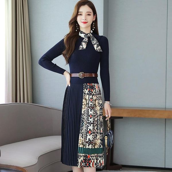 

casual dresses knitted dress women's 2021 autumn and winter korean version of the temperament goddess fan slim thin fake two pleated, Black;gray