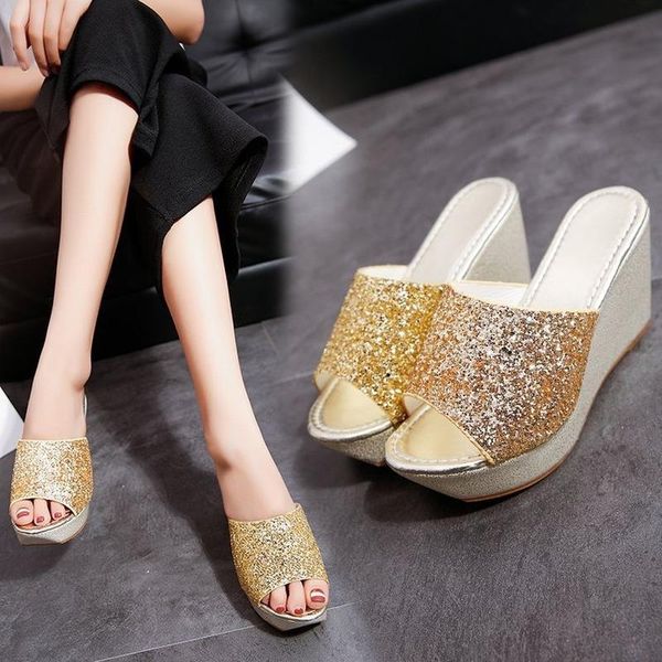 

slippers qiwn 2021 slope with sandals, women's summer sequin muffin, Black