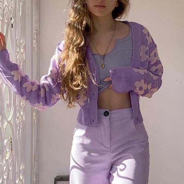 

women's sweaters y2k women knitted cardigan casual long sleeve sweater crop flower pattern single-breasted loose v neck coat with butto, White;black