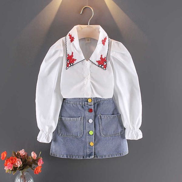 

new arrival in fall 2021 girls clothes suits embroidered neckline long sleeve shirt denim skirt 2-piece set y0918, White