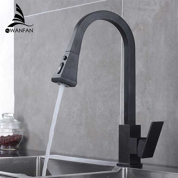 Rubinetti da cucina Quadrato nero monocomando estraibile Rubinetto da cucina monoforo girevole Miscelatore acqua con rotazione a 360 gradi 866399R 211108