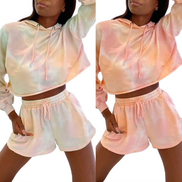 

2021 retrieve tie dye training packages 2 stuck sets women casual long mouwen hoodies cord shorts outfit sporstwear, Gray
