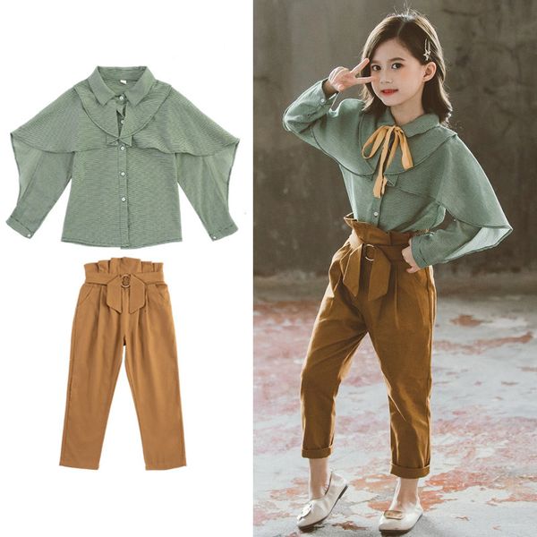 

2021 new children girls long sleeves ruffle bow shirt arc pants conjugal baby costumes casual princess korean 4-13 age hs2g, White