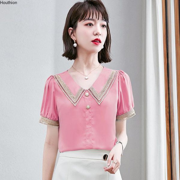

women's blouses & shirts blouse short sleeve doll collar shirt chiffon patchwork loose fashion casual 2021 10065, White