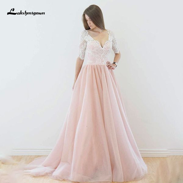 

new pink tulle a line wedding es 2021 v neck backless half sleeves lace bridal gowns robe de mariee u8g4, White