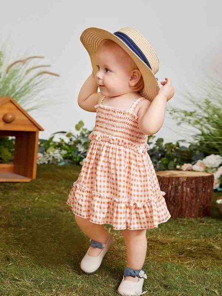 

baby gingham shirred frill ruffle hem cami dress she, Red;yellow