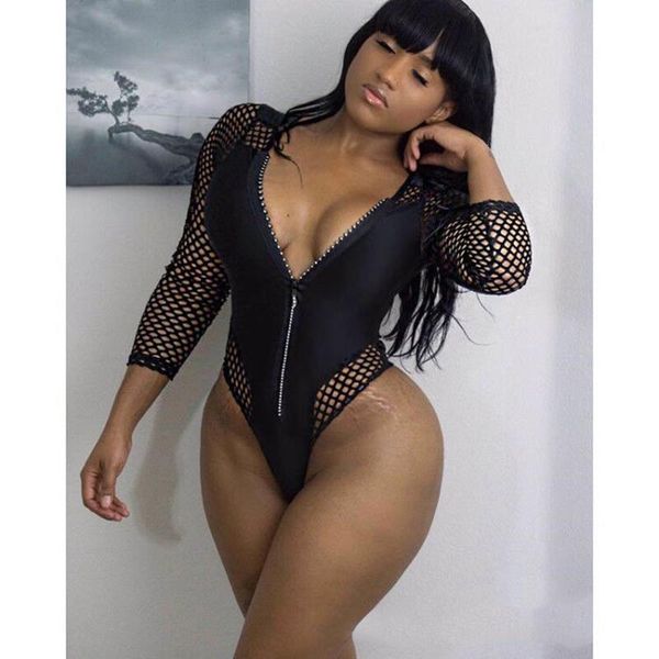

one piece swimsuit women long sleeve swimwear zipper mesh high cut thong black beachwear monokini female bathing suit