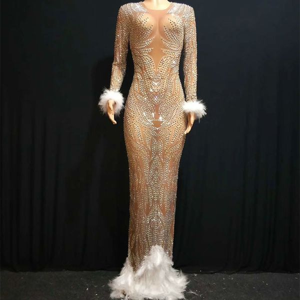 

sparkly rhinestones feather dress nightclub full stones long big tail dress dance costume prom birthday celebrate dresses, Black;red