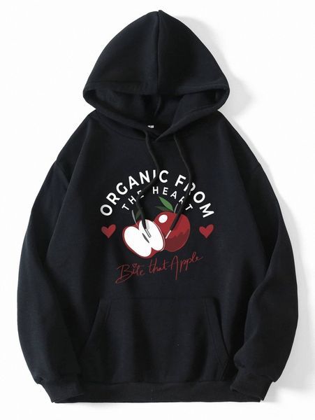 

apple & slogan graphic drawstring thermal lined hoodie t14f#, White;black