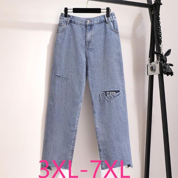 

women's pants & capris 2021 autumn winter plus size jeans for women large loose casual elastic waist hole denim straight long wathet 5x, Black;white