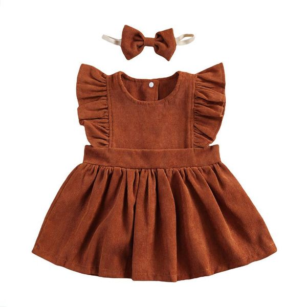 

girl's dresses 2021 summer baby kids girls 2-piece outfit sleeve dress headband children corduroy casual, Red;yellow