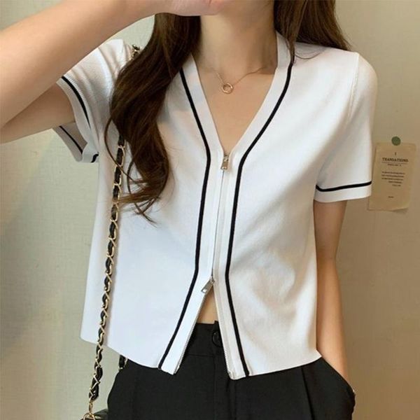 

women's knits & tees chic knitting cardigan french female small coat women design feeling paragraph sweet wind contracted zippers crop, White