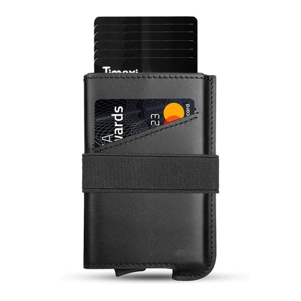 

card holders products launch leather men's wallet compact mini case rfid aluminum alloy money clip business purse, Brown;gray