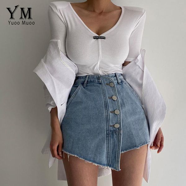 

women's shorts yuoomuoo ins fashion women summer high waist irregular blue denim washed pockets buttons jeans female bottoms, White;black