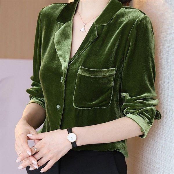 

fashion design office lady velvet blouse front single breasted open button velvet casual blouse shirt 210225, White