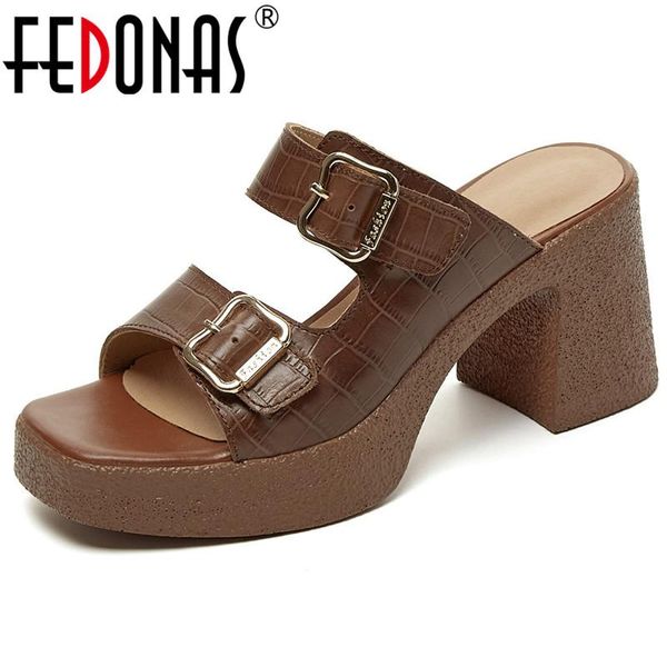 

dress shoes fedonas retro summer women slippers genuine leather platform 2021 est high heels sandals classic casual party woman, Black