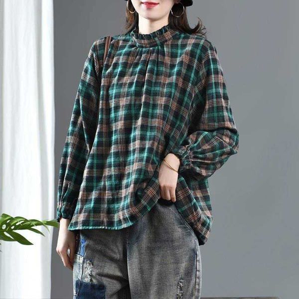 

spring autumn arts style women long sleeve loose blouse femme vintage plaid cotton linen shirts v201 210608, White