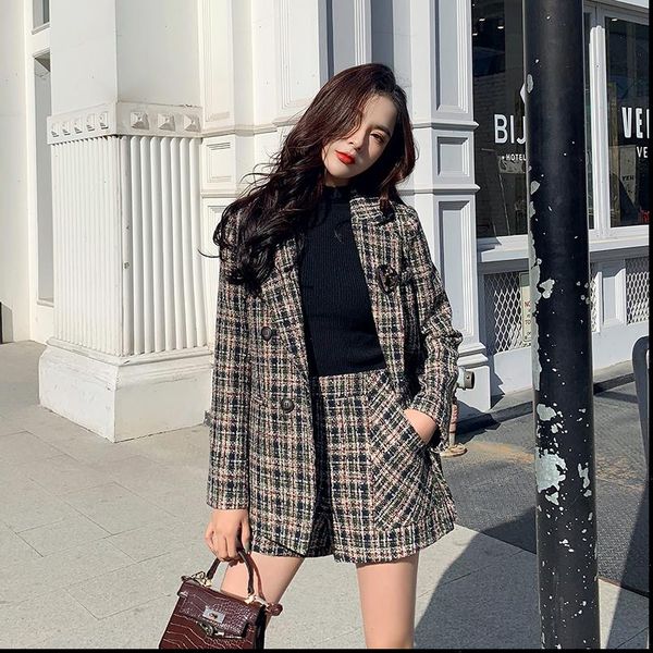 

autumn winter women blazer suit tweed 2 piece set double breasted jacket plaid woolen short set p730, Gray
