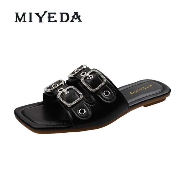 

slippers miyeda women summer buckle decoration slip-on open womens toe sandals cool shallow outside casual female flats slipper, Black