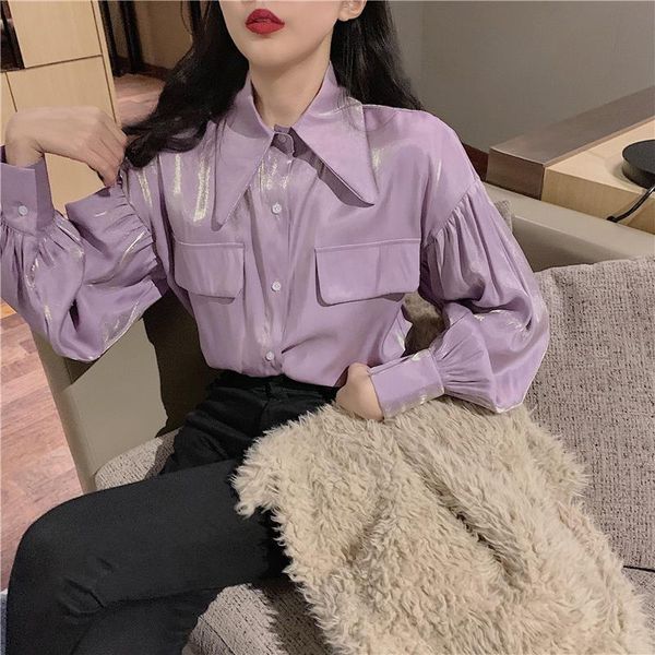 

girls reflecting blouses shirts tees female stand collar shinning satin chic purple blouses for women 2021 drop shipping, White