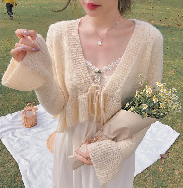 

women's knits & tees women winter vintage wrap apricot female chic short outerwear 2021 fall long sleeve tied cropped knitted cardigan, White