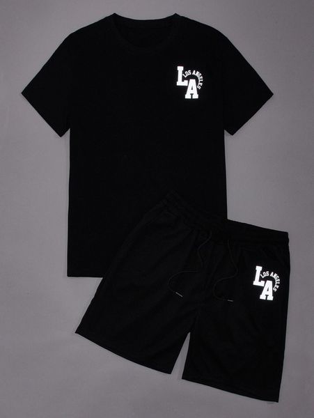 

men reflective letter graphic tee & drawstring waist shorts 51py#, Gray