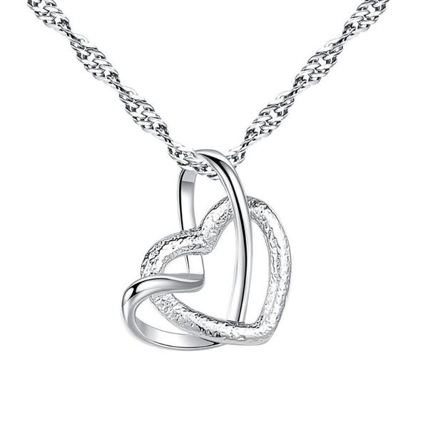 

chains vintage frosted double heart pendant necklace elegant lady geometric necklaces for teen girls, Silver