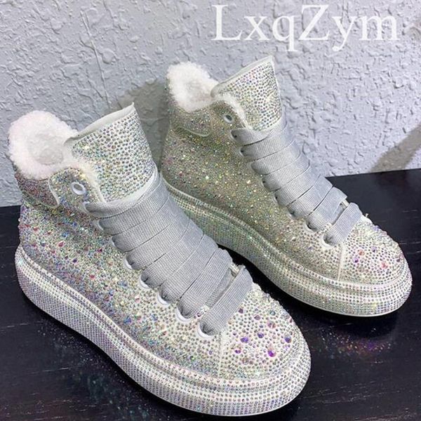 

boots stylish designer casual warm shoes laides full silver rhinestone platform ankle cross tie ultra women runway sneakers, Black