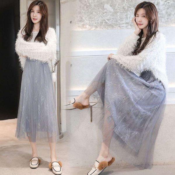 

popular korean mid autumn mesh and length new winter lace style high waist slim fairy pleated skirt hot, White;black