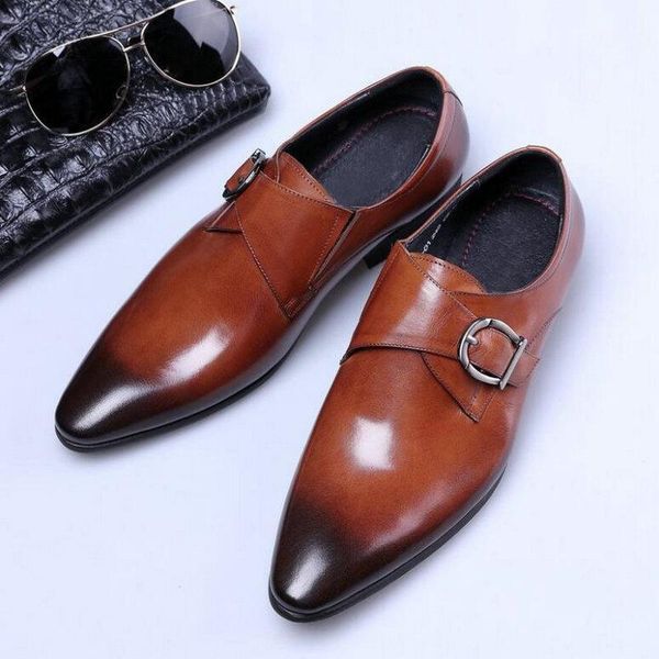 

classic formal shoes casual dress men's double monk strap buckle leather oxford pointed toe big size lh-821, Black